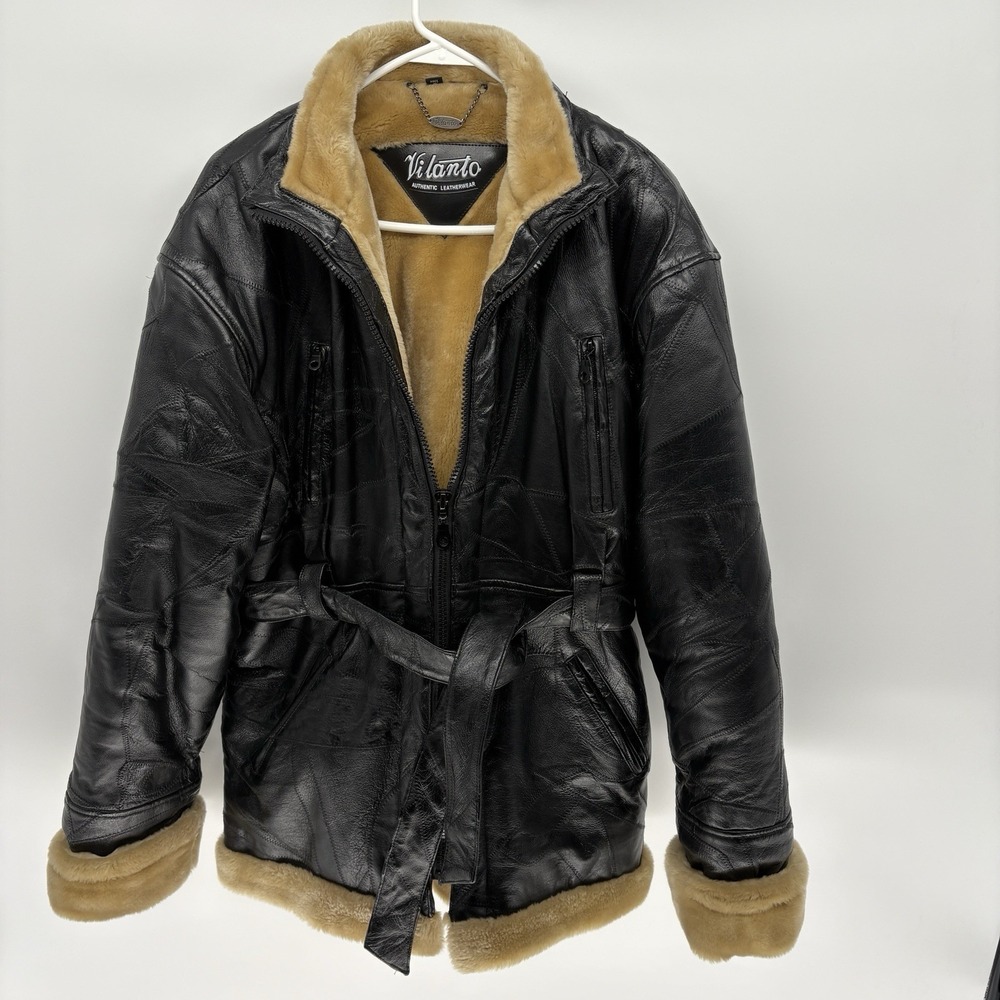 Vintage 80s Vilanto Fur Lined Belted Leather jacket Retro Biker‎ Grunge Unisex L
